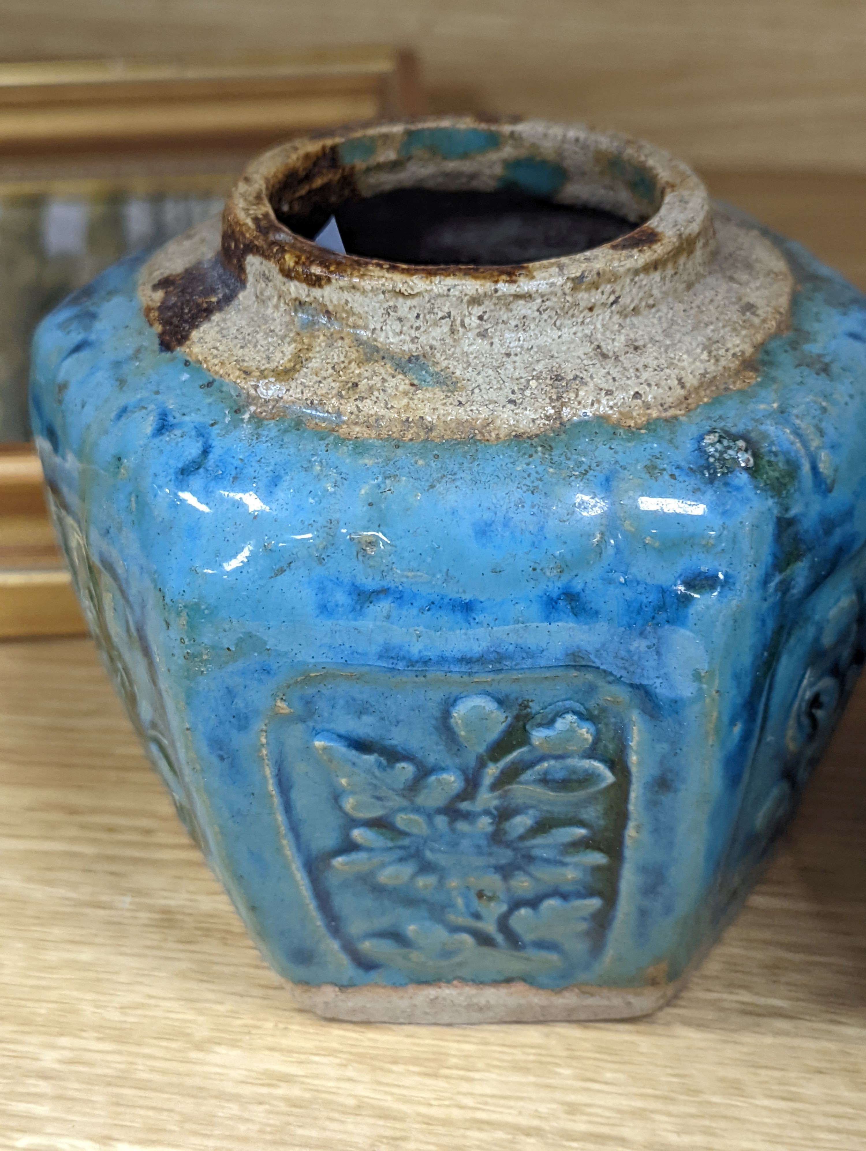 Two Chinese bronze handwarmers and a turquoise glazed jar